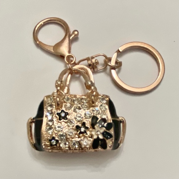 2-Way, Black Floral Rhinestone Handbag Charm- Key Chain - Picture 5 of 10